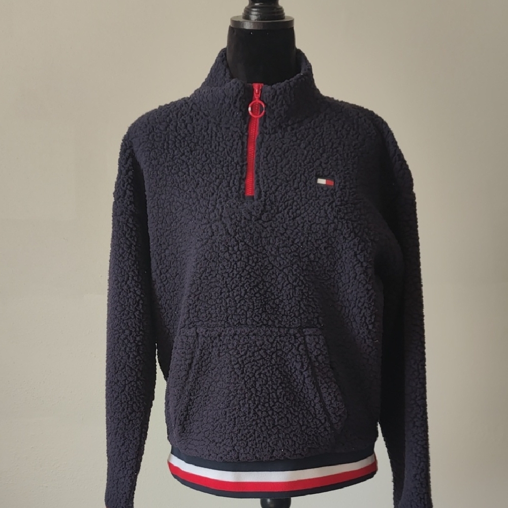 Tommy Hilgefer Sport dark blue black quarter zip womens fleece  jacket large